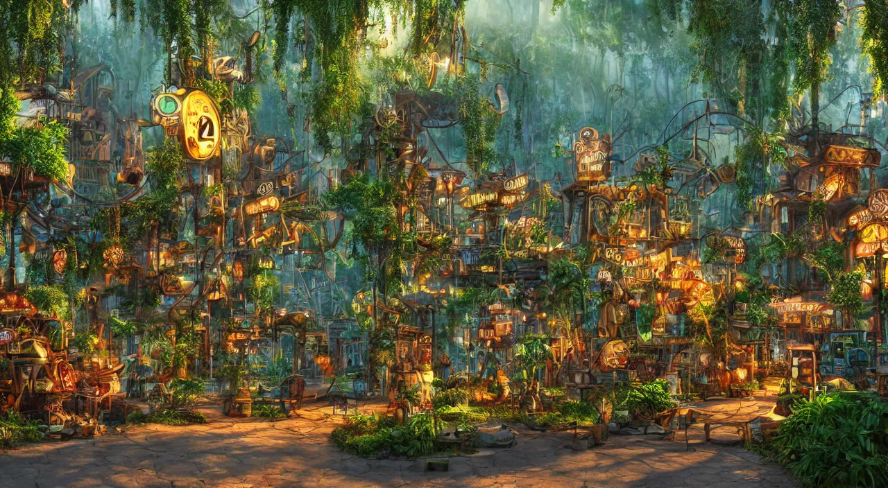 Prompt: a steampunk village in a forest on a summers day, suns rays, rain, lush vegetation, junk everywhere, neon signs, magical atmosphere, mist, photo realistic, 35mm, octane render, 8k, guido borelli da caluso