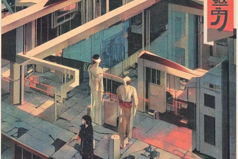 Image similar to 1 9 7 9 omni magazine cover of gated community in japan. large modern houses. cyberpunk style by vincent di fate