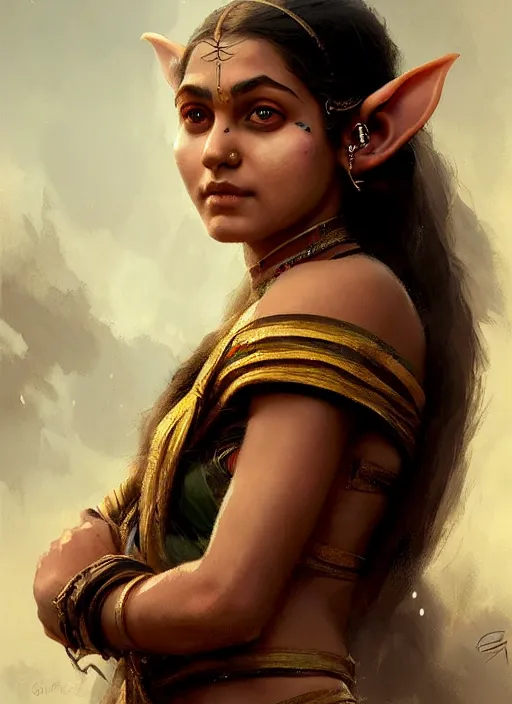 Image similar to Portrait of Indian girl with elven ears, realistic, detailed, 4k by Greg Rutkowski Mark Arian trending on artstation