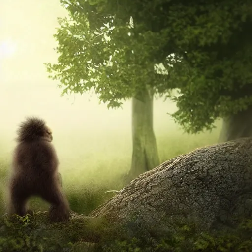 Image similar to award winning hyper realistic photograph of a sasquatch infant peering out timidly from behind a tree with large cute eyes, portrait, 8 k, twilight, foggy, moonlit