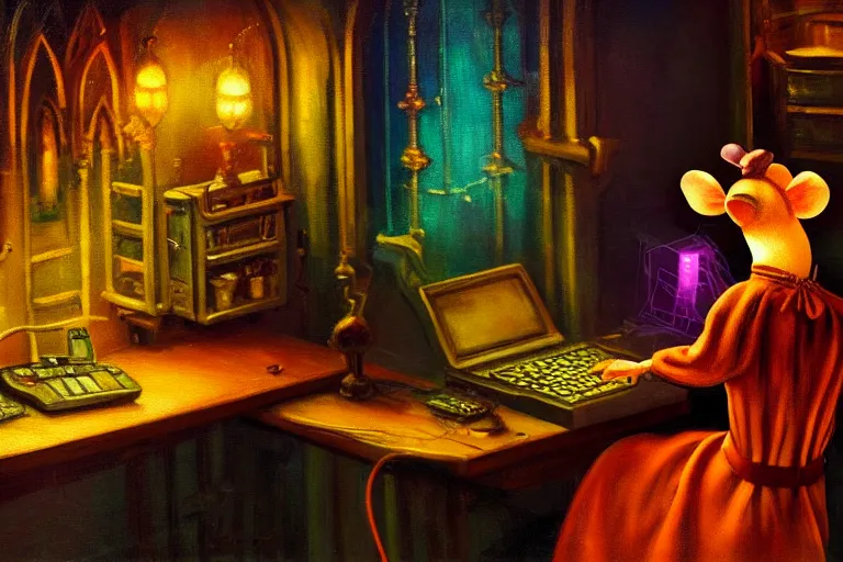 Image similar to A mouse is working on a computer in a Gothic atelier, oil painting, detailed, colorful, glowing lighting, 4k, dimly lit, in the style of vintage Disney 90s retro future,