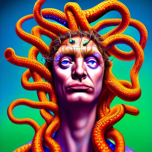 Image similar to an extremely psychedelic portrait of medusa as donald trump, surreal, lsd, face, detailed, intricate, elegant, lithe, highly detailed, digital painting, artstation, concept art, smooth, sharp focus, illustration