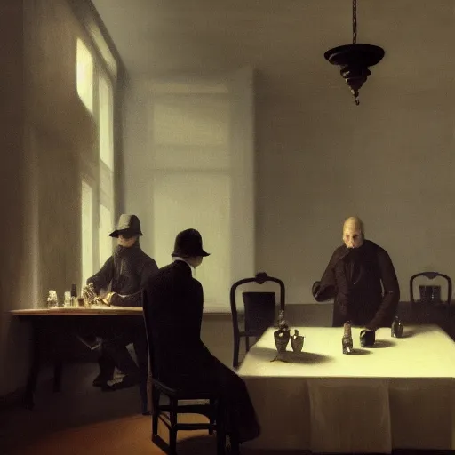 Prompt: covert shadow figures of men in a dark room with a chequered floor conversing around a table in secrecy, moody and atmospheric, dramatic scene, dimly lit room, cgsociety, 8k resolution, trending on artstation, octane render by Quint Buchholz, Pieter Claesz and edward hopper