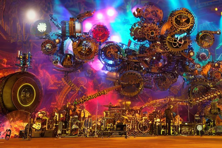 Prompt: an outdoor festival stage with audience, on stage is a rockband with 3 steampunk robots with guitars and drums, center of the stage is a big futuristic steampunk generator with gears and belts and tubes, laser show, 8 k, fluorescent colors, halluzinogenic, multicolored, exaggerated detailed, unreal engine