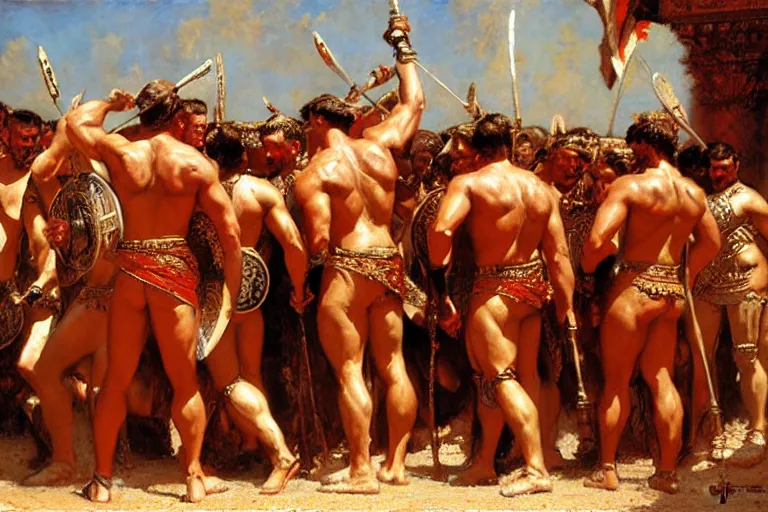 Prompt: male gladiators, painting by gaston bussiere, craig mullins, j. c. leyendecker, tom of finland