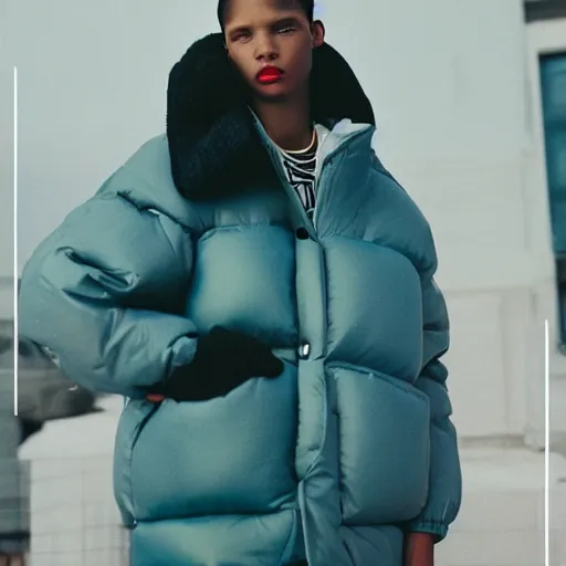 Image similar to realistic! photoshoot for a new balenciaga lookbook, color film photography, portrait of a beautiful woman wearing a puffer jacket, photo in style of tyler mitchell, 35mm