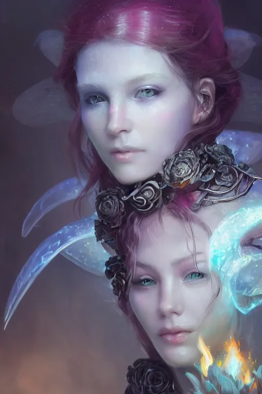 Image similar to face closeup of extremely beautiful girl necromancer, magical fairy flowers and ice, angels, 3 d render, hyper - realistic detailed portrait, holding fire and electricity rainbow, ruan jia, wlop. scifi, fantasy, magic the gathering, hyper detailed, octane render, concept art, peter mohrbacher