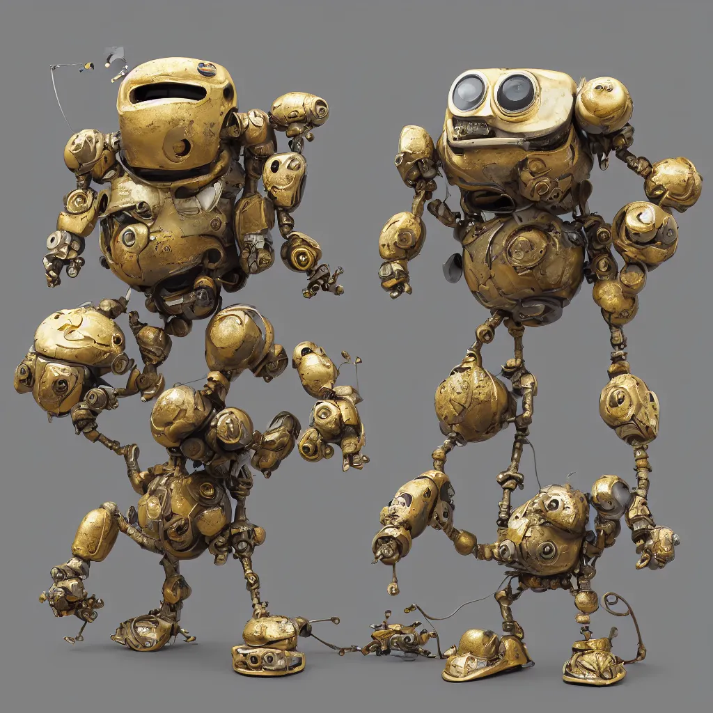 Image similar to , a small chubby bot, smooth panelling, one large gold eye intricate detail, style of pokemon, with damaged rusty arms, broken antenna, recycled, floating, white studio, oil, mechanical, toy, ambient light, in the style of pixar animation, pokedstudios, blender, octane render, 8 k, gediminas pranckevicius