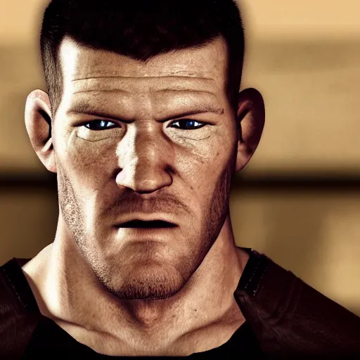 Image similar to character screenshot of ufc commentator michael bisping with a pirate eyepatch, npc talking, skyrim, wilderness, 1 0 8 0 p, bokeh, elder scrolls v, detailed, dialog text