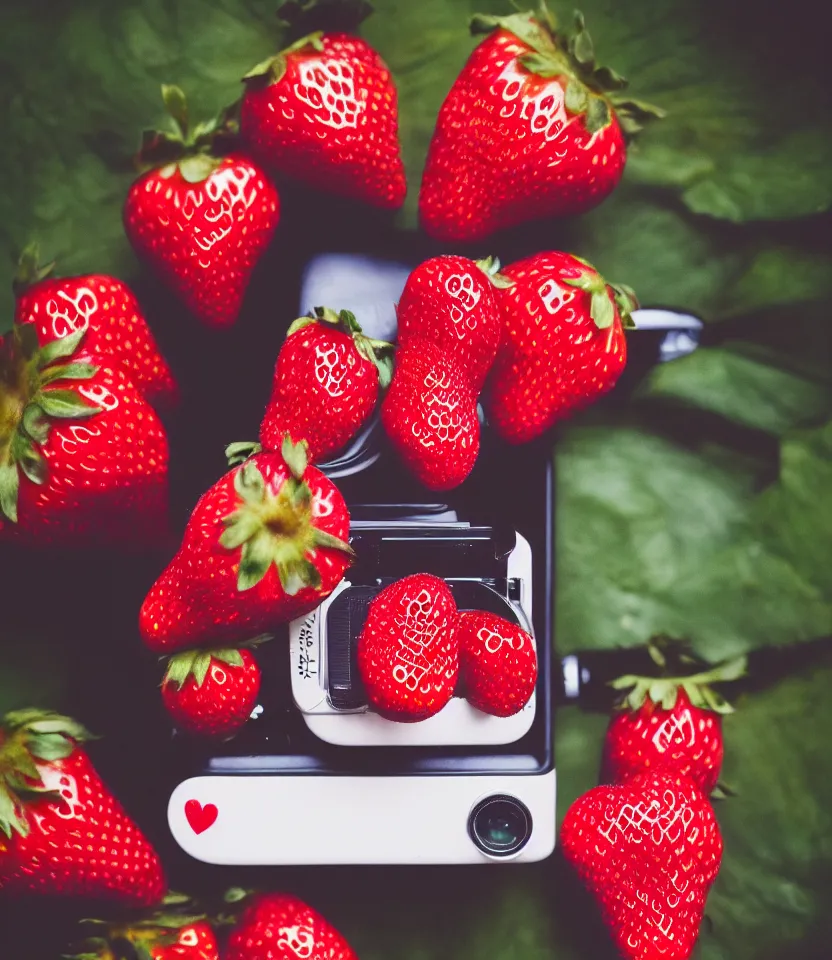 Prompt: the long red heart of a strawberry instamatic polaroid flash photography