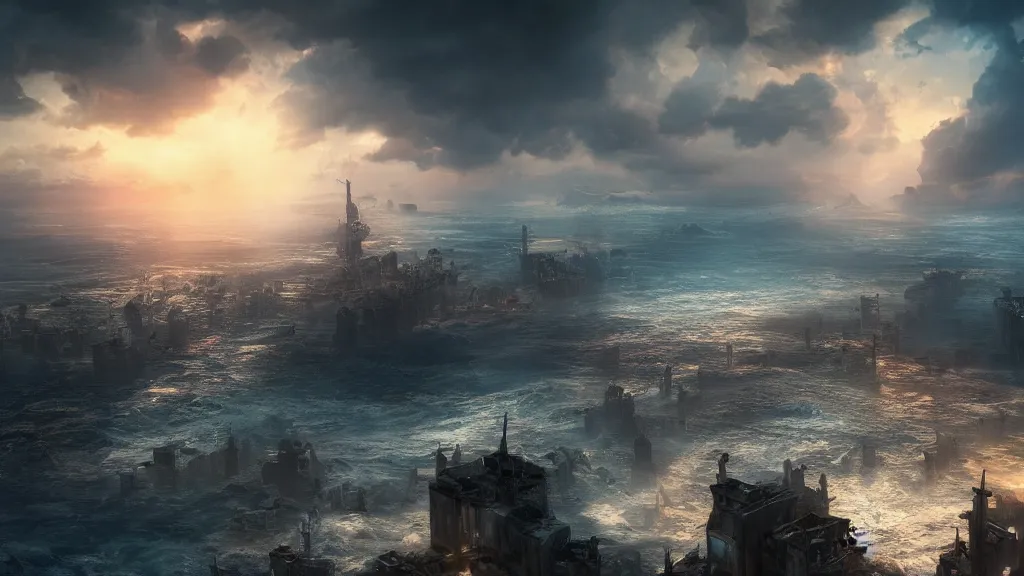 Prompt: a city in the middle of the ocean, roaring tempest, fantasy artwork, very very very beautiful scenery, hd, hdr, ue5, ue6, unreal engine 5, cinematic 4k wallpaper, 8k, ultra detailed, high resolution, artstation, award winning