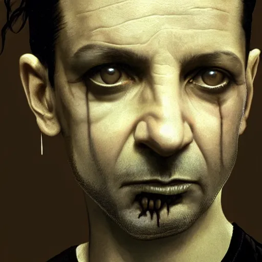 Image similar to portrait of dave gahan as a young zombie with whitened eyes and cuts, 7 days to die zombie, fine art, award winning, intricate, elegant, sharp focus, cinematic lighting, highly detailed, digital painting, 8 k concept art, art by z. w. gu and alex konstad and brom and michael hussar, masterpiece, 8 k