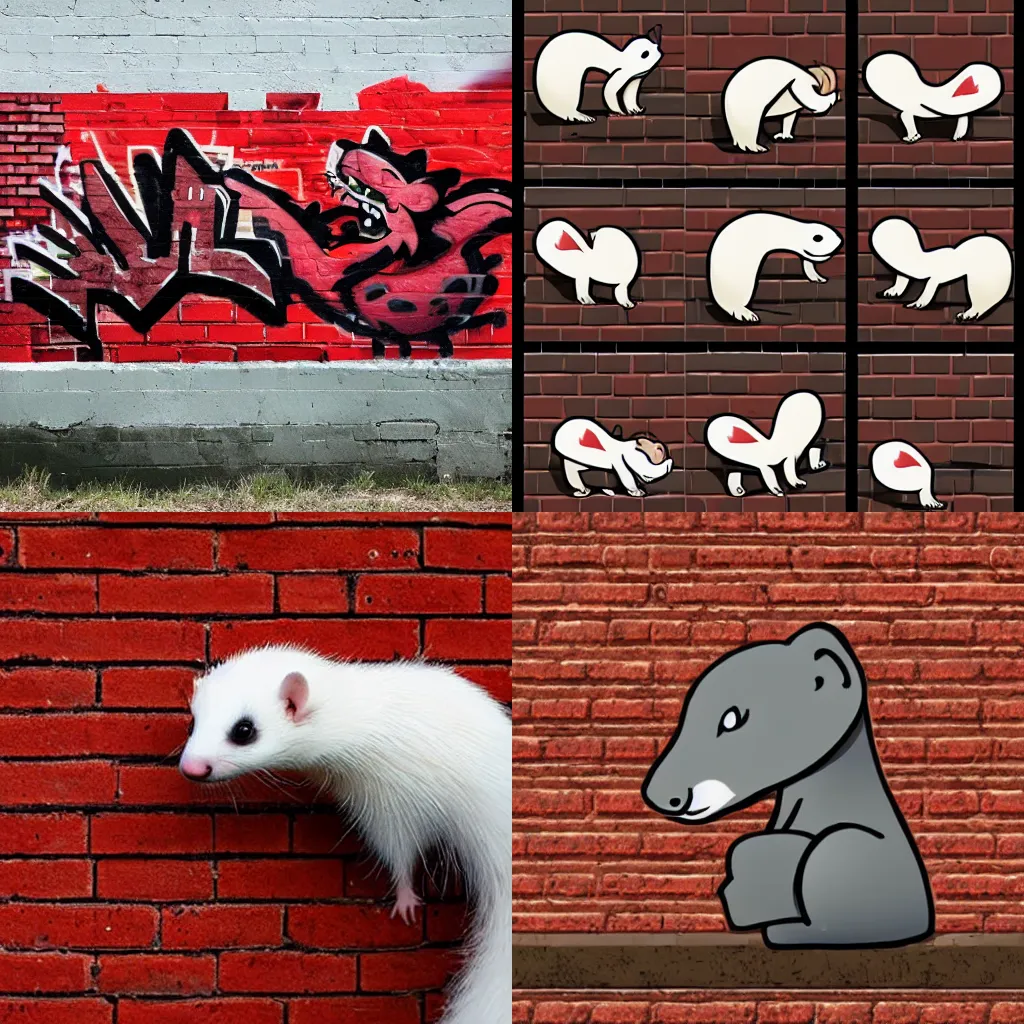 Prompt: ( ( smoke ) * ( ( backing ) * brick wall ) ) + ( ( graffiti ) * ( furry fandom ) * ( ( ferret * weasel * stoat ) * ( red + black ) ) )