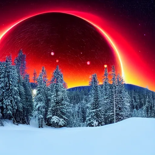 Image similar to A heavily-forested valley surrounded by snow-capped mountains at night, a red nebula and orange gas giant with rings in the sky, no clouds, sci-fi, photorealistic, landscape