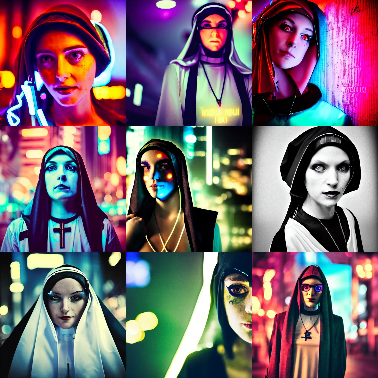 Prompt: portrait of a pretty intriguing cyberpunk nun girl looking intensely at camera. neon lights, Bokeh, Graflex