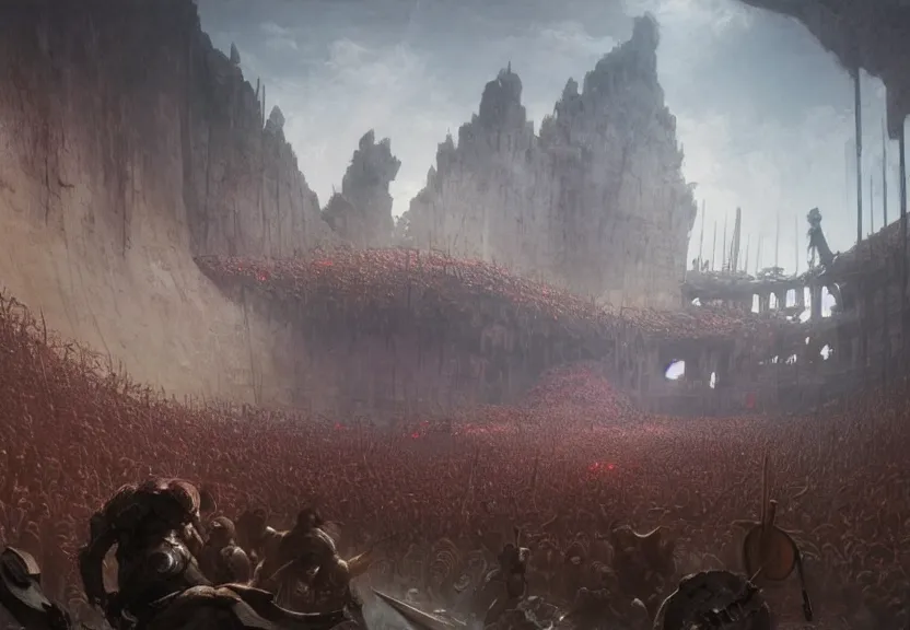 Image similar to ancient arena, surrounded by gladiators, gritty, beksinski, wayne barlowe, ruan jia, dark soul concept art, the hobbit concept art