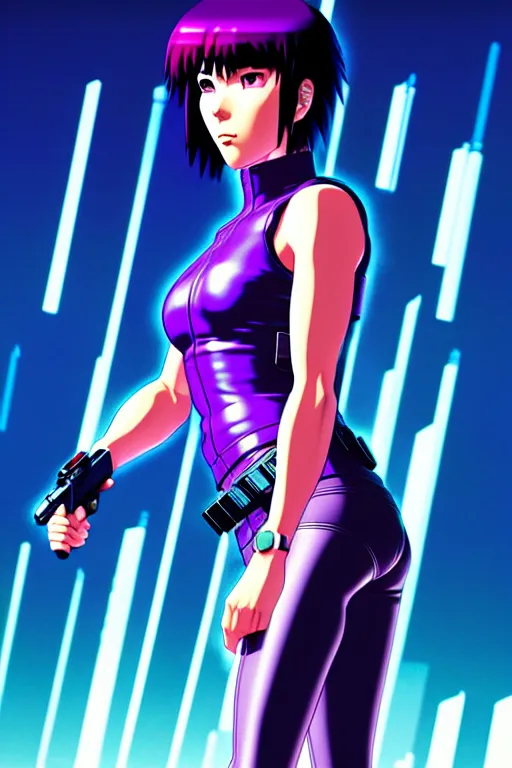 Image similar to a fullbody portrait of motoko kusanagi the major ghost in the shell : : cyberpunk vaporwave : : by ilya kuvshinov, j scott campbell, sola digital arts, anti aliasing, raytracing : :