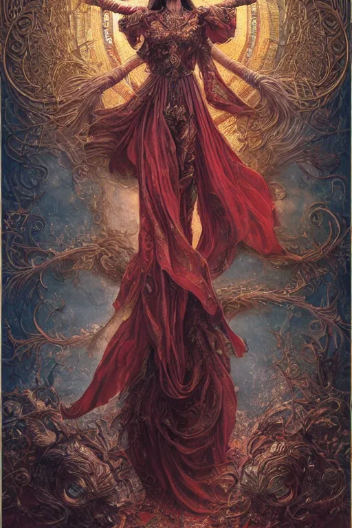 Prompt: A beautiful detailed tarot card of Michelle Yeoh, by tomasz alen kopera and Justin Gerard, symmetrical features, ominous, magical realism, texture, intricate, ornate, royally decorated, whirling smoke, embers, red adornements, red torn fabric, radiant colors, fantasy, trending on artstation, volumetric lighting, micro details, 3d sculpture, ray tracing, 8k, anaglyph effect