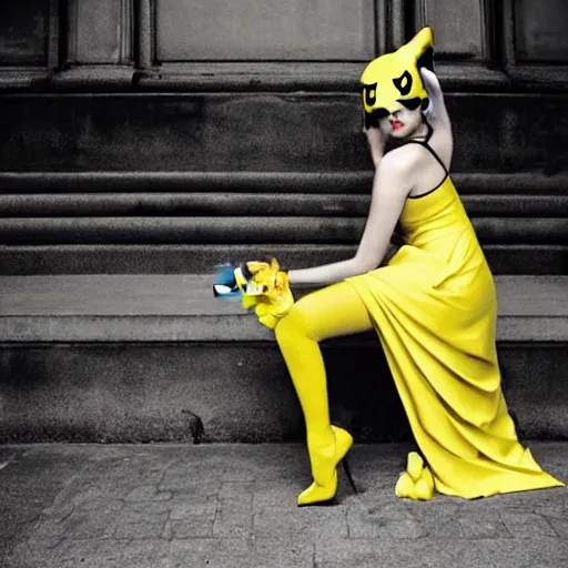 Prompt: elegant woman dressed up as pikachu, wearing stockings, modern photo by Annie Liebovitz,