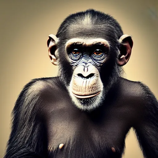 Image similar to a high detail closeup photograph of a chimpanze wearing a suit 👔, award wining photograph, digital art