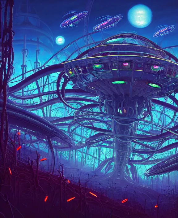 Image similar to a roller coaster made out of alien creatures, biological forms, internal organs, in the style of an asymmetrical spaceship, surrounded by fireflies, apocalyptic environment, by dan mumford, yusuke murata, makoto shinkai, ross tran, cinematic, unreal engine, cel shaded, featured on artstation, pixiv