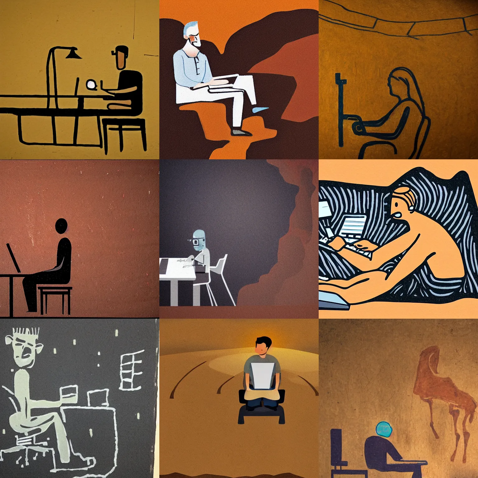 Prompt: cave painting of an it security consultant sitting at his computer