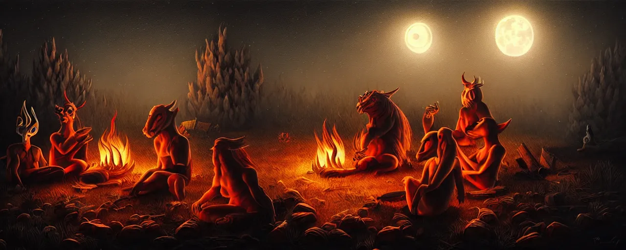 Prompt: strange mythical beasts of sitting around a fire under a full moon, surreal dark uncanny painting by ronny khalil