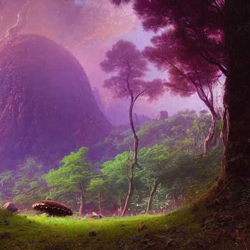 Image similar to A lovely picture of an alien landscape with mycelium aliens by John Berkey, by George Inness, by john Harris, forest made out of mushroom, purple and red and white gradient colour theme, trending on DeviantArt, rendered in blender, 8k resolution, Mountains