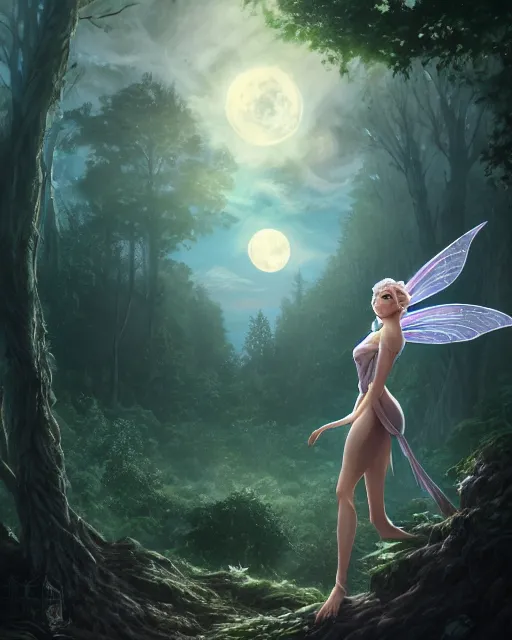 Image similar to attractive fairy goddness fly high in the night, d & d, fantasy, mist, full moon in background, trees, hyper detailed, art by artgerm and greg rutkowski and magali villeneuve, midium shot, 8 k realistic, cryengine, digital painting, trending on artstation, concept art, sharp focus, illustration,