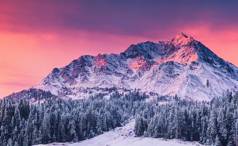 Image similar to professional photo of a snow topped mountain lit by the sunset