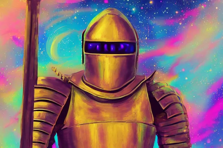 Image similar to digital art of a spiritual medieval knight wearing suit of armor looking up at the stars, acrylic art, universe, painting, pastel colors, synthwave, retro, cyberpunk,