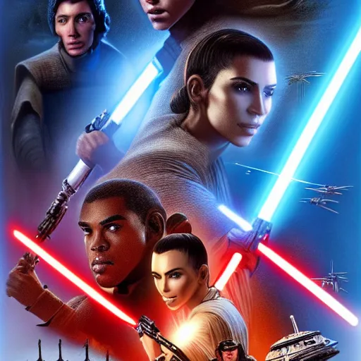 Image similar to super detailed star wars movie poster with Jesus Christ and kim kardashian, 8k full HD photo, cinematic lighting, anatomically correct, oscar award winning, action filled, correct eye placement,