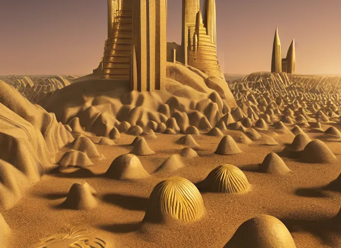 Image similar to cover concept art of the lost sand city, levitating rock piles, golden towers, golden pillars, palm trees, space and time, floating objects, post-processing, in the style of Hugh Ferriss, Behance, Artgerm. High detail, ultra realistic render, octane, 3D, photorealism, symmetric, cinematic