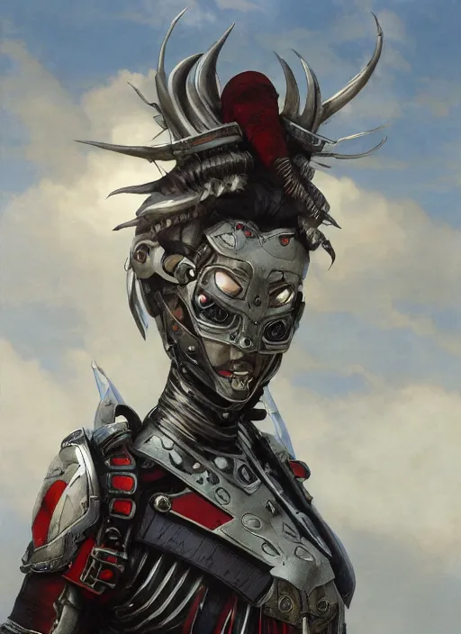 Image similar to symmetry!! closeup! of a pirate samurai girl, cyborg venom armor, in clouds, cinematic light, windy, sunrise, by gerald brom, by mikhail vrubel, by peter elson, muted colors, extreme detail, trending on artstation, 8 k