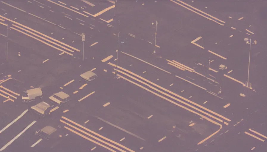 Prompt: analog polaroid photograph of a harbor district with road markings, warehouse, sea containers, seen from directly above, high perspective, warm azure tones, out of focus, color bleed, duotone, heavy film grain, depth of field