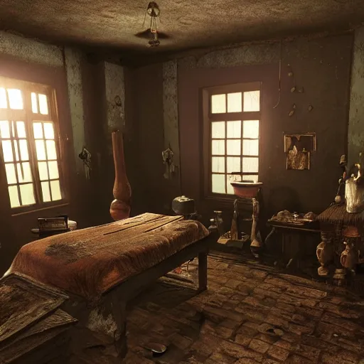 Image similar to room of a dark mansion, objects from ritual in the ground, realistic, highly detailed, background of pt game