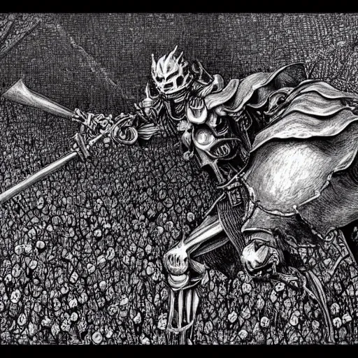 Prompt: The skeleton knight in battle with roses, monochrome pointilism, by Kentaro Miura, Berserk