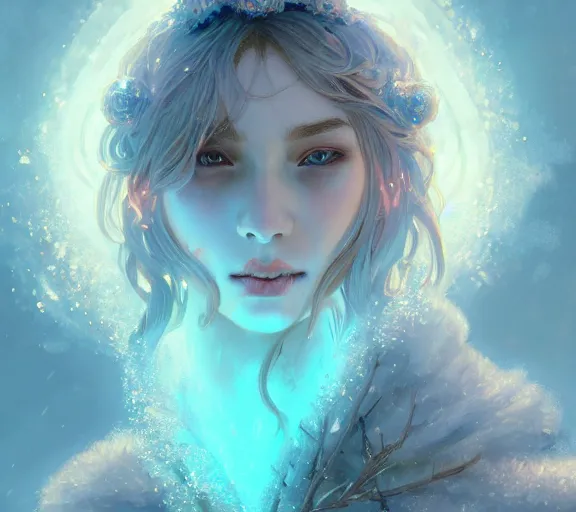 Prompt: beautiful ancient frost witch, fire in eye, snow glow, pool party, highly detailed, digital painting, artstation, sharp focus, illustration, art by tan zi and ayanamikodon and alphonse mucha and wlop