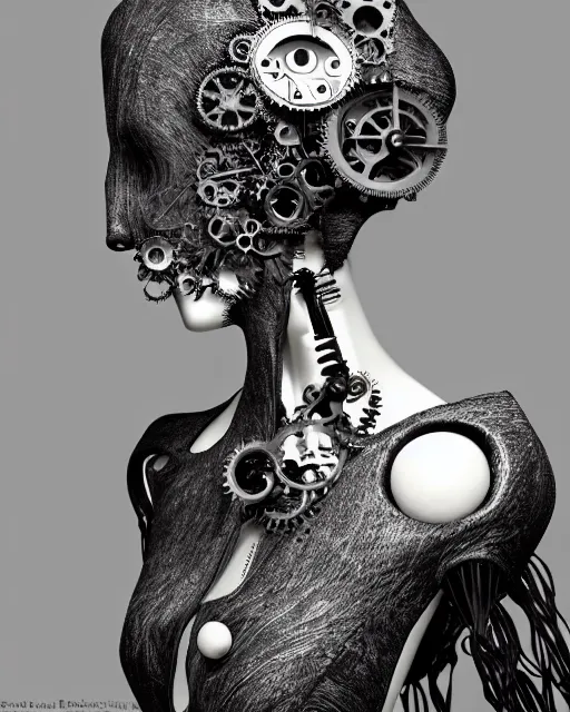 Image similar to black and white dreamy foggy smoky profile face portrait, one silver steampunk eye biomechanical beautiful young female cyclope - cyborg - robot bust, body ribs meshes,, volumetric light, hibiscus flowers, by hg giger, rim light, by dora maar and cecile beaton, big gothic fashion pearl embroidered collar, 8 k