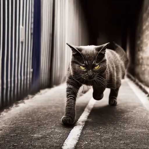 Image similar to cat running from police into an alley, high quality, photograph, studio lighting