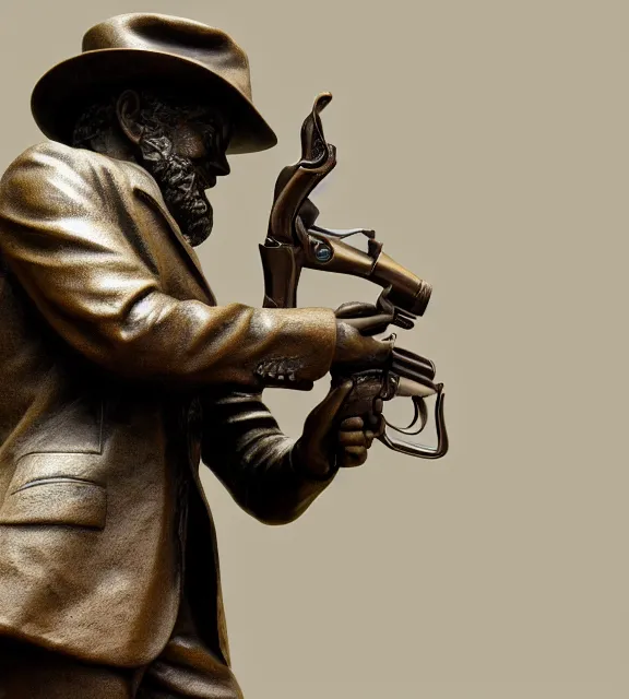 Image similar to a 4 k photorealistic photo medium shot of a bronze statue of a man wearing a fedora holding one revolver in each hand.