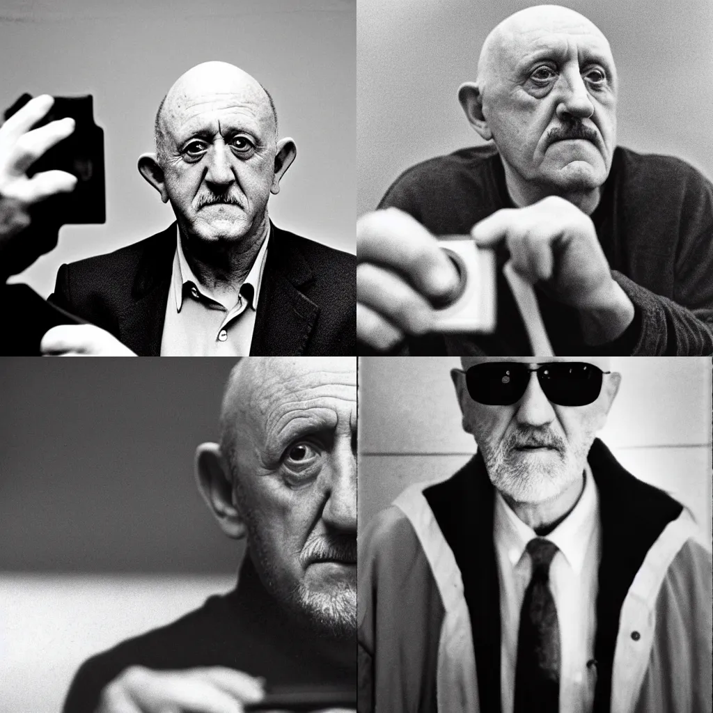 Prompt: mike ehrmantraut takes a photo with, film photograph