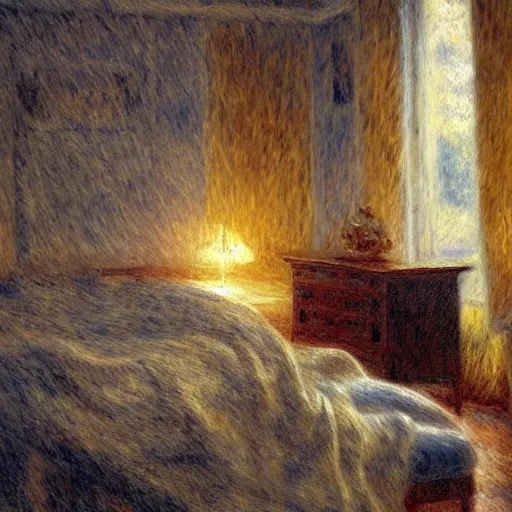 Prompt: on a rainy day, someone sits in bed, curled up under the covers, looking out the window, artstation, extremely detailed, intricate, cinematic lighting, art by pierre - auguste renoir