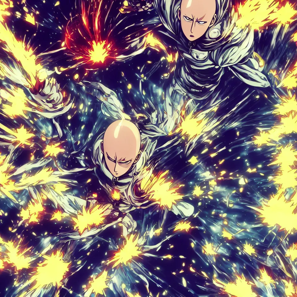 Image similar to one punch man Saitama made of stars, art by Yusuke Murata,centre composition, cinematic, trending on artstation, low level, 4K UHD image,