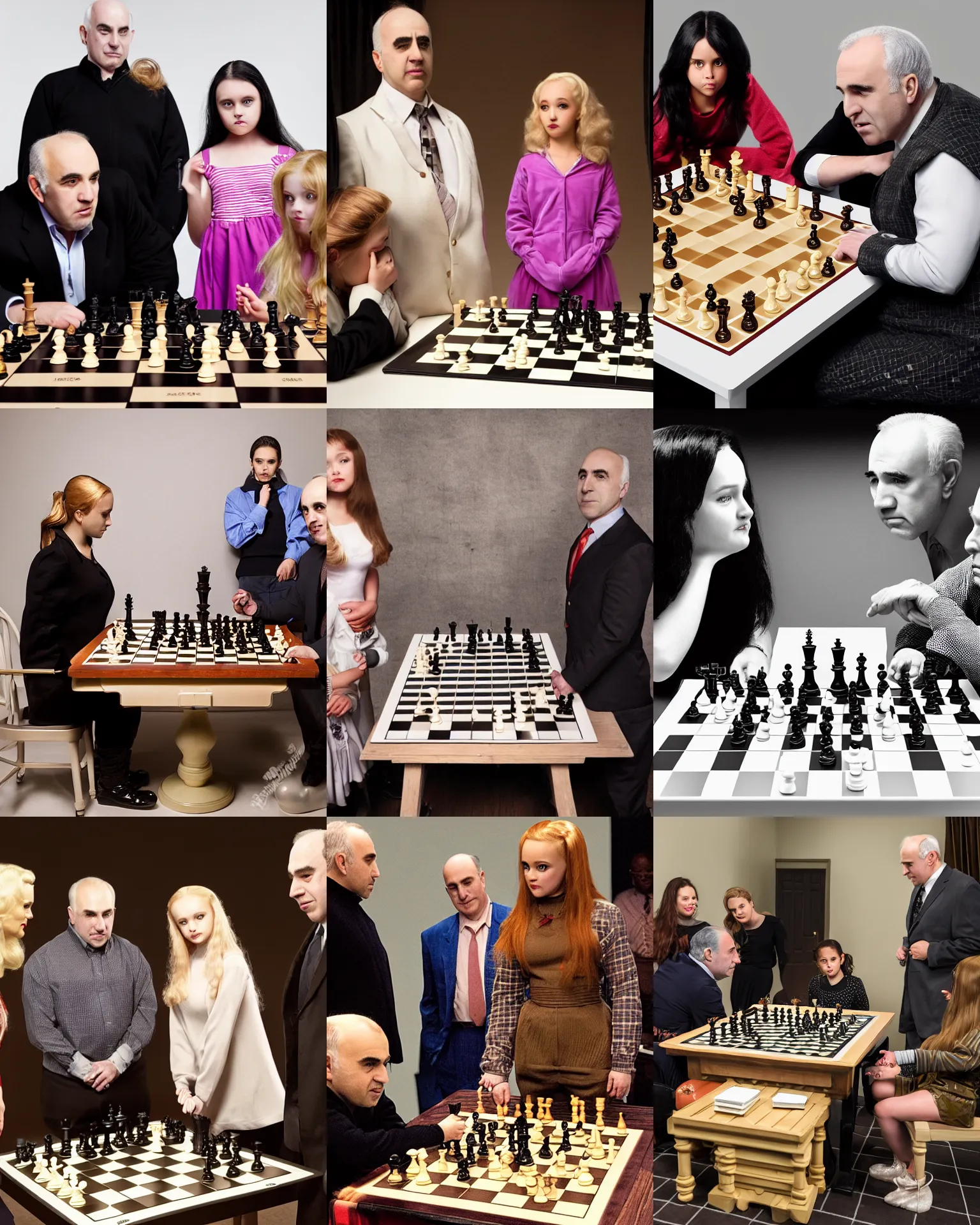 Prompt: Honey Boo playing chess with Wednesday Adams of the Adams Family while Gary Kasparov stands off in a corner of the room wearing a Straight Jacket. studio lighting, Photorealistic