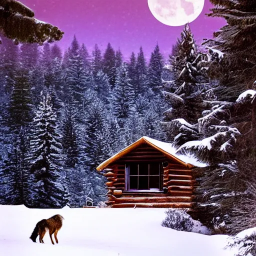 Image similar to cabin in the snowy mountains with wolves in the background under a full moon with pine trees