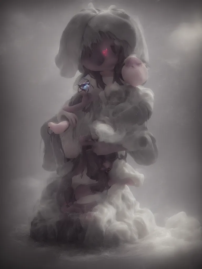 Image similar to cute fumo plush of a cursed frail witch girl held in the arms of a ghost, melting volumetric smoke and fog, environment map pbr reflective stormy water, goth, vignette, vray