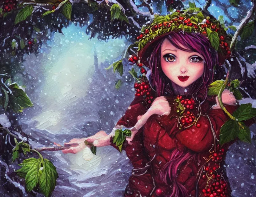 Prompt: berry priestess of the snowy mountains. oil painting by award - winning indie comic book artist, chiaroscuro, intricate details, bokeh, backlighting, field of depth, safe for work