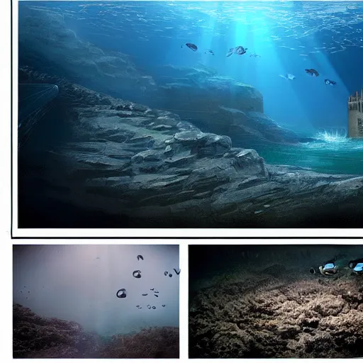 Prompt: underwater edinburgh castle, deep underwater, fish shoal, concept art in style of Greg Rutkowki, dynamic lighting, 8k, very very very highly detailed, hyper realistic realistic, shot on gopro 8