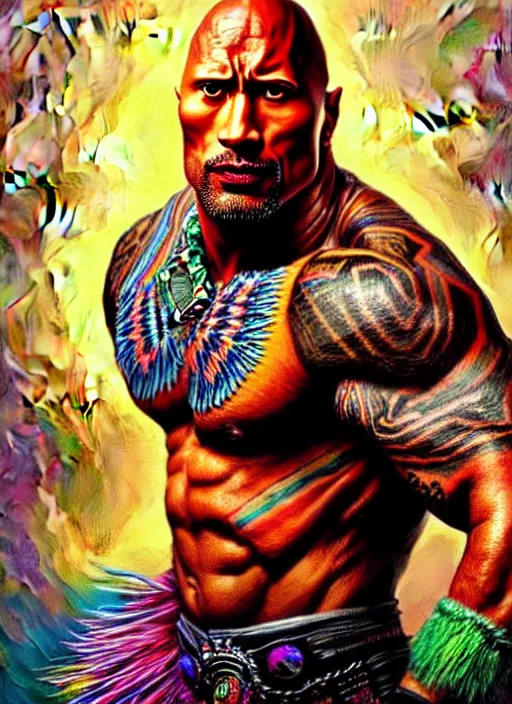 Image similar to portrait of dwayne johnson, hyper detailed ultra sharp aztec shaman warrior. trending on artstation, warpaint aesthetic, bloodwave, colorful, psychedelic, ornate, intricate, digital painting, concept art, smooth, sharp focus, illustration, art by artgerm and greg rutkowski and h. r. giger, 8 k